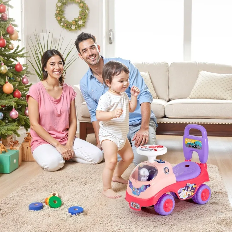 Samochodzik do pchania dla malucha, zabawka do jazdy, klakson, muzyka, schowek pod siedzeniem, chodzik z napędem na stopy, dla dzieci, chłopców, dziewczynek, różowy