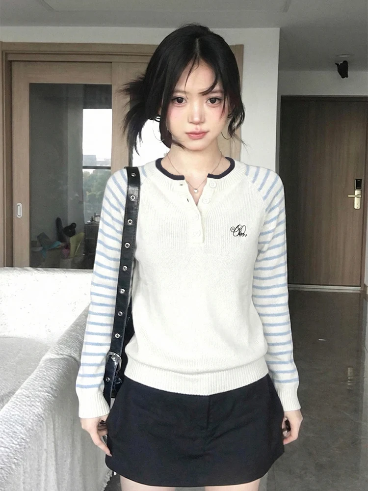 

Корейский вязаный свитер в полоску с круглым вырезом и воротником хенли для женщин, зимний, базовый слой, повседневный универсальный топ
