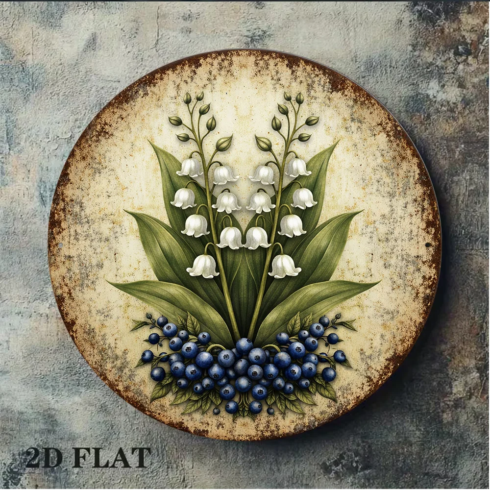 2D Flat, Suitable for Kitchen, Cafe, Restaurant Vintage Lily of the Valley & Berries Wall Decor - 8x8in/20x20cm Round Sign
