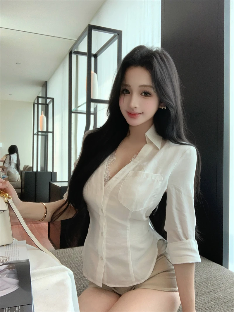 

Lace Splice Fake Two-Piece Shirt Women's Summer Mid-Sleeve Slim Fit Waist-Cinching White Top Korean Style Commute Fashion