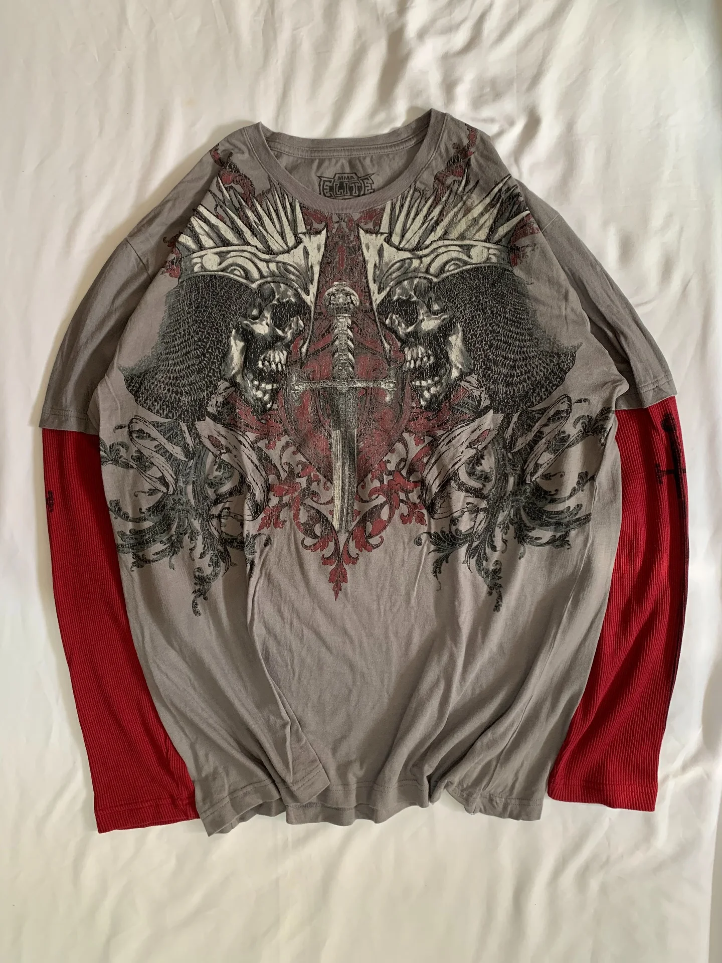 

Y2K Готический Harajuku Splice Printing 2 шт. сращенные длинные рукава в стиле панк хип-хоп сексуальная футболка модные повседневные свободные топы из чистого хлопка