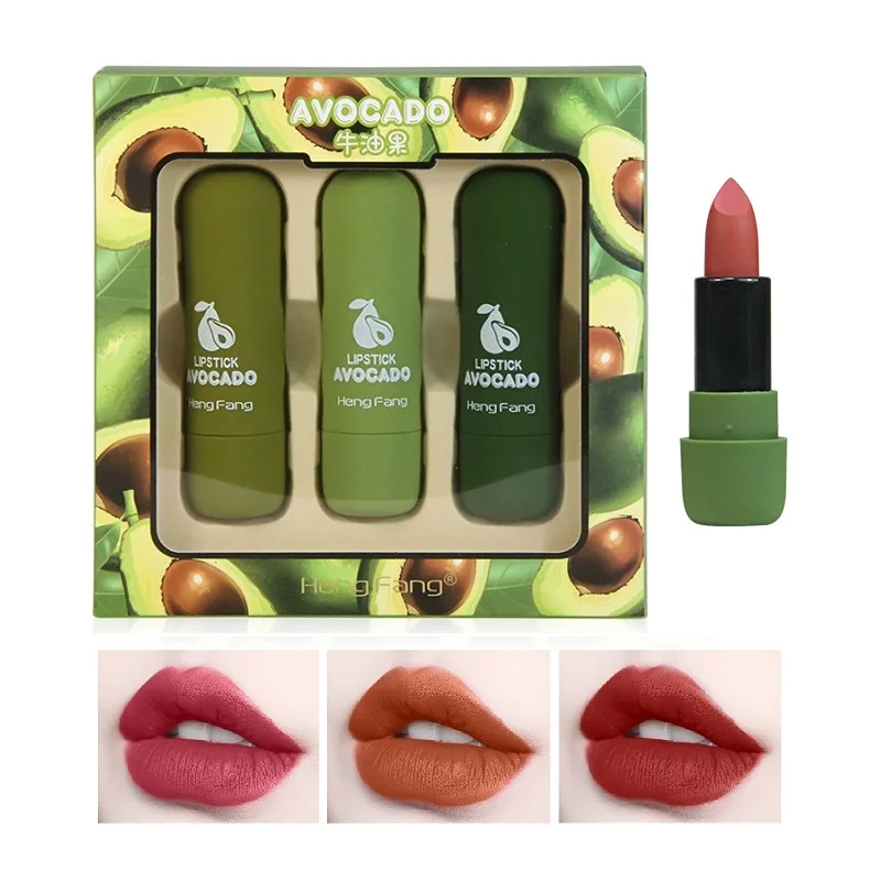 3Pcs/Set HengFang Avocado Matte Lipstick Smooth Velvet Lip Stick Waterproof Long Lasting Lip Glaze Makeup Set Women Cometics