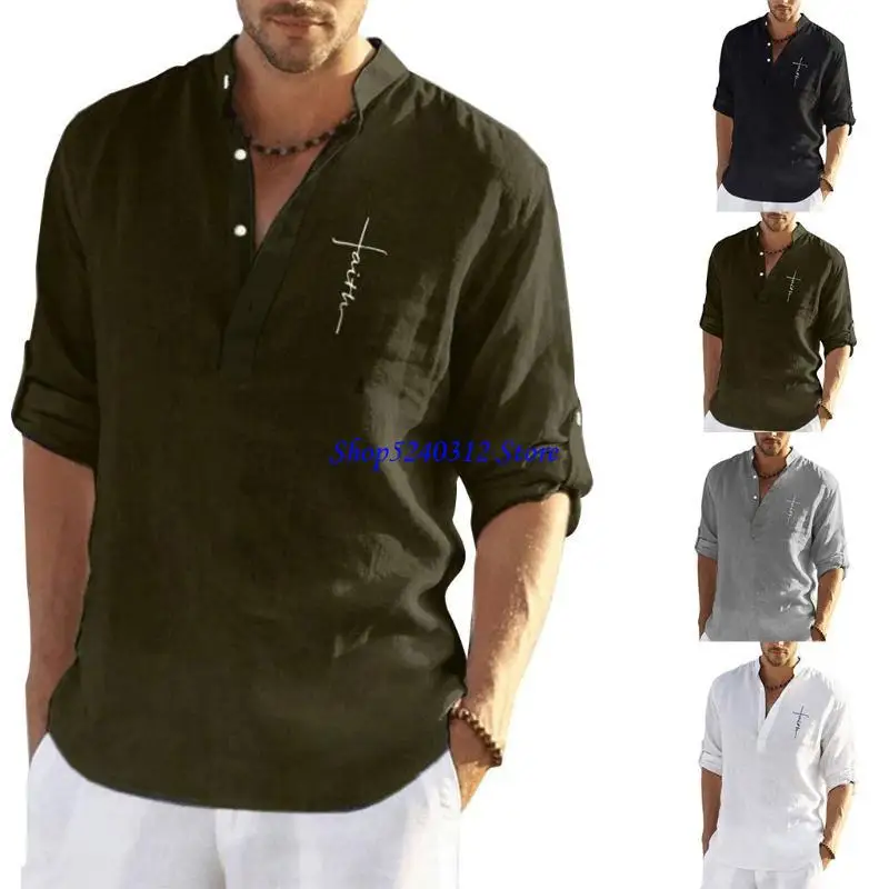 

634C Mens Cotton Linen Button V-Neck for T Shirts Long Sleeve Hippie Beach Blouse Letters Embroidery Color Pullover Top