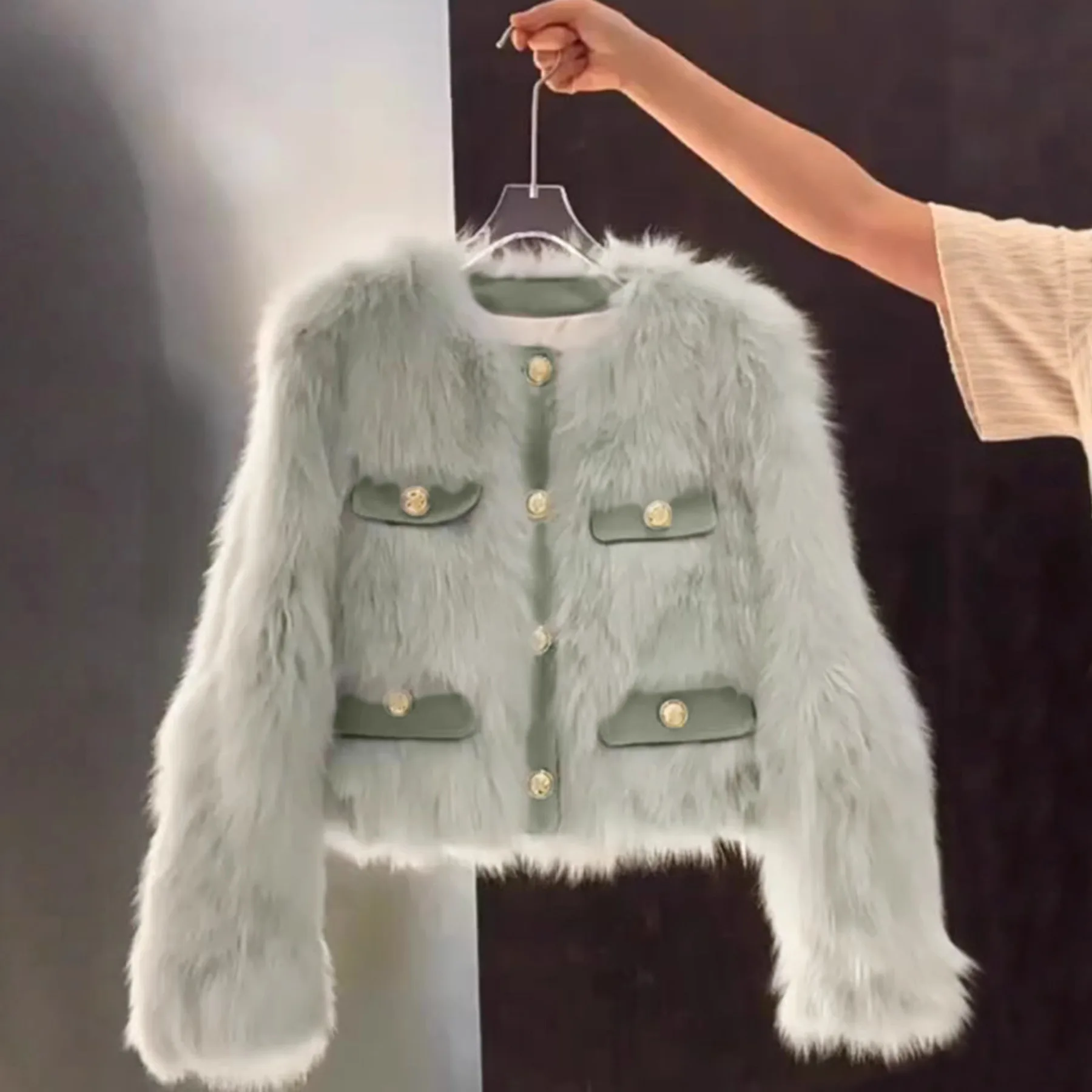 

Cross-Border Fur ort Coat Women's Autumn Winter New Sle Ele Ladylike Hardware Decorations Thiened Briti Sle