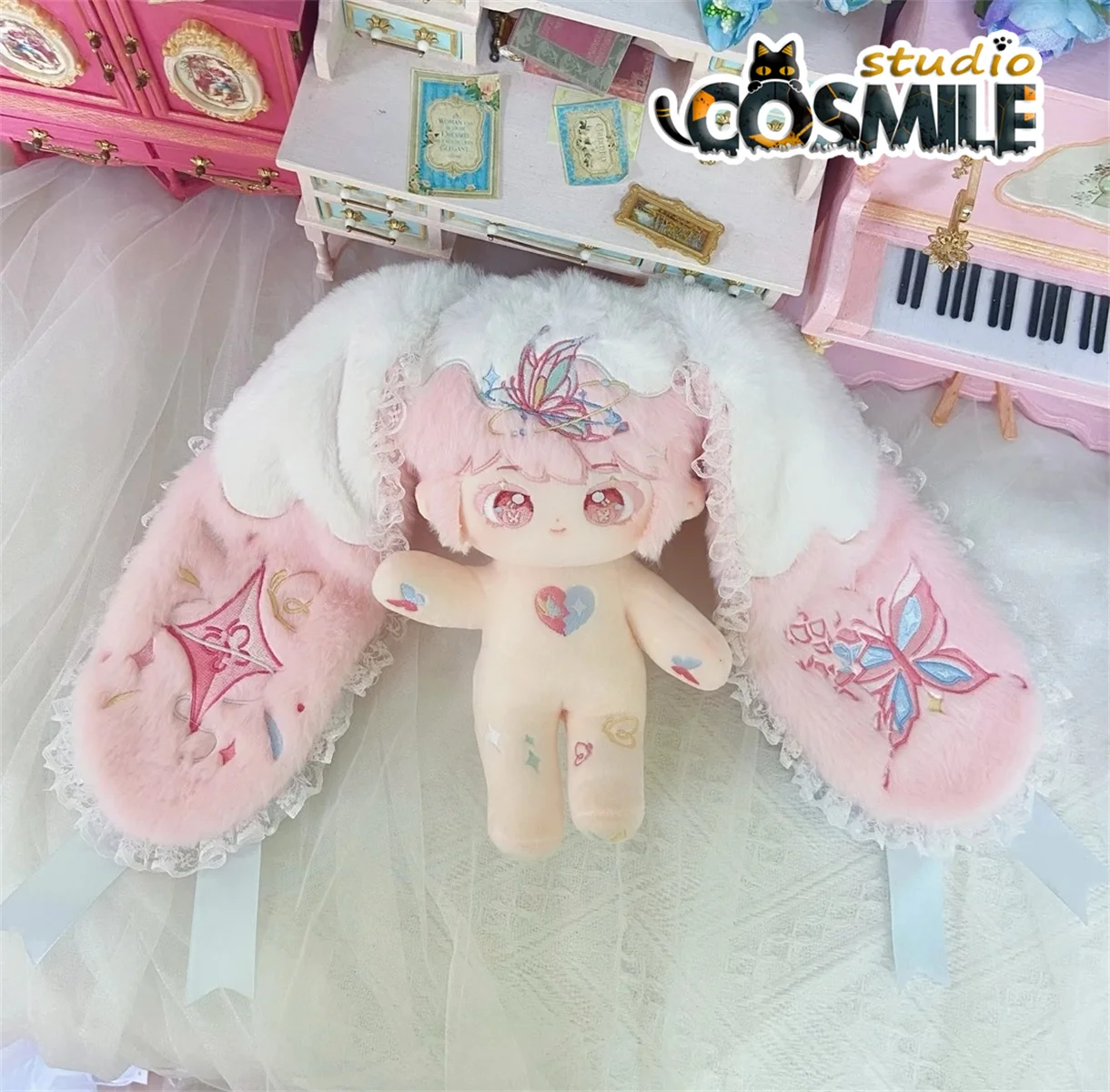 

No attributes Pink Big ears Rabbit Bunny Monster Lace Bow Stuffed Plushie 20cm Plush Doll Body Anime Gift Rui KK Oct