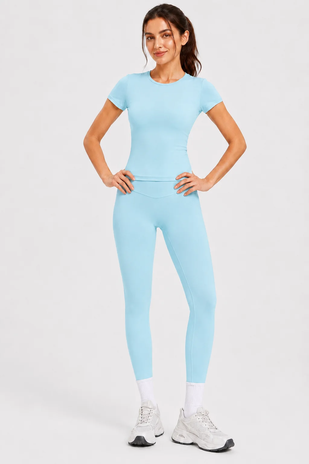 Ladies Sportswear Set (Short Sleeve Top + Long Pants) Fitness Gym Workout Clothing Running Yoga Ensemble image 2