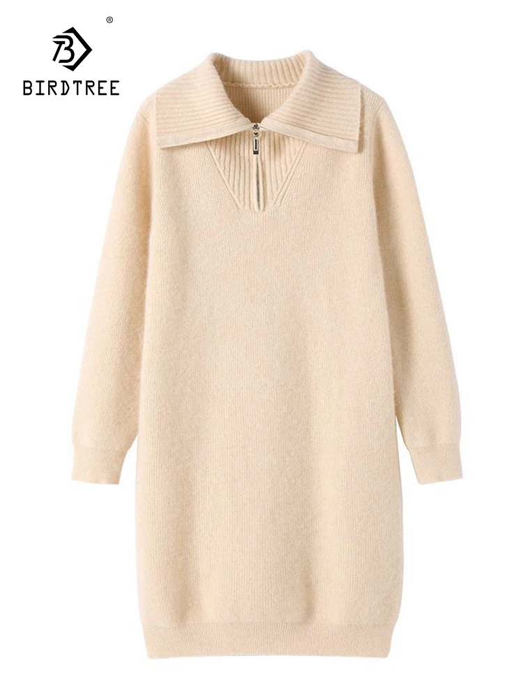 

Birdtree 65% Wool 35% Cashmere Solid Versatile Dress 2023 New Women's Autumn Winter Zipper With Lapel Mid length Dress D38514QC