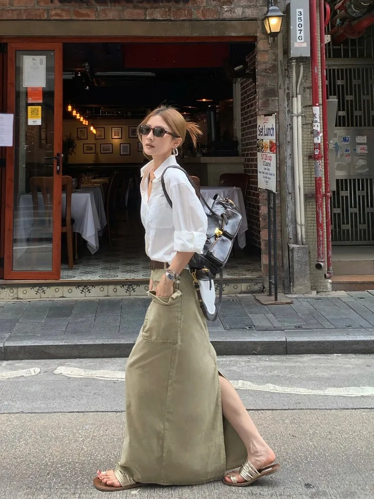 【FANGTING】Women Summer New Cargo Skirt Slit Long Skirt Khaki Casual Versatile Skirt
