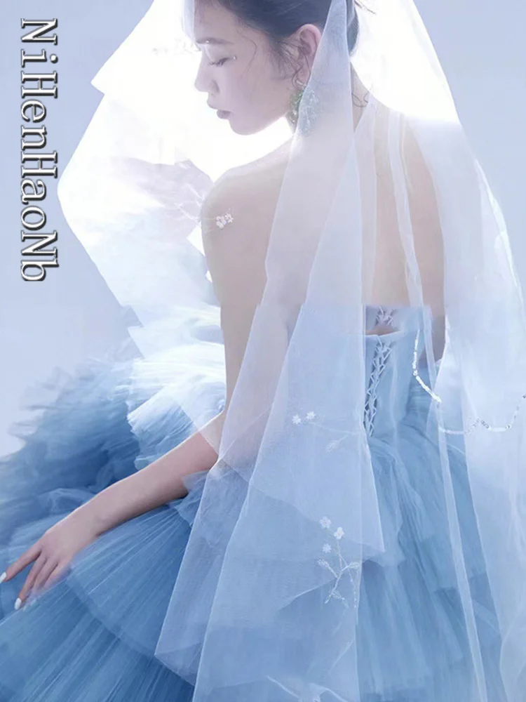 Princess Baby Blue Quinceanera Dresses Strapless Multi-layer Evening Dress Sexy Sweep Tail Party Dress