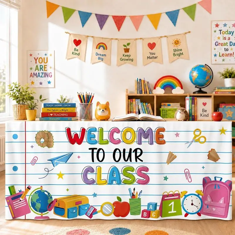 VIKAMA Welcome To Our Class Self Adhesive Desk Skirt Cartoon Stationery Classroom Teacher Table Cover Dustproof Hide Curtain