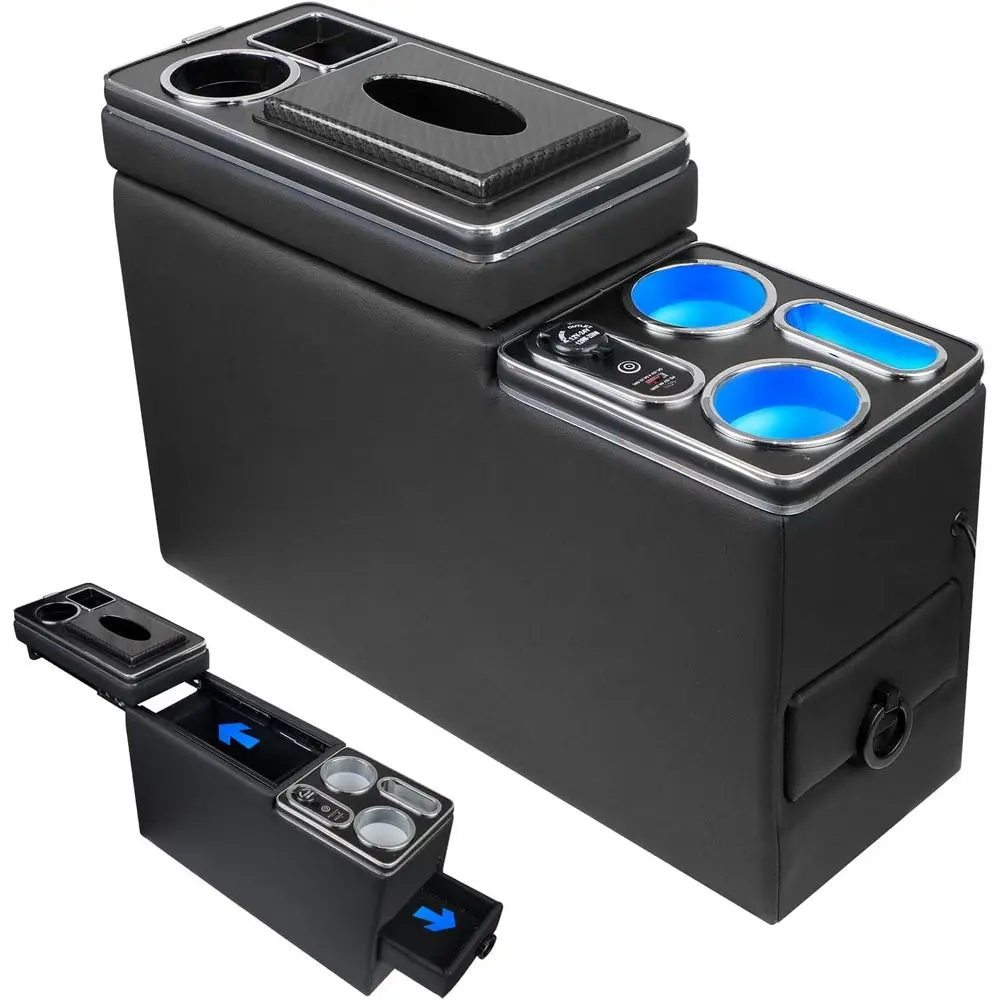 

Console Between Seat Organizer for Minivans & SUVs - Tissue Box, Type-C & USB Fast Charge, 7-Color Ambient Light, Cup Holders, M