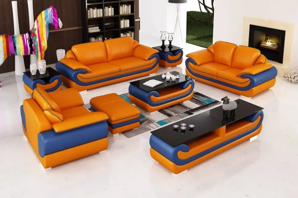 Modern big Living Room Sofa Top Grade Cow Genuine Leather 1+2+3 Seat + Coffee Table+ TV Stand + Side