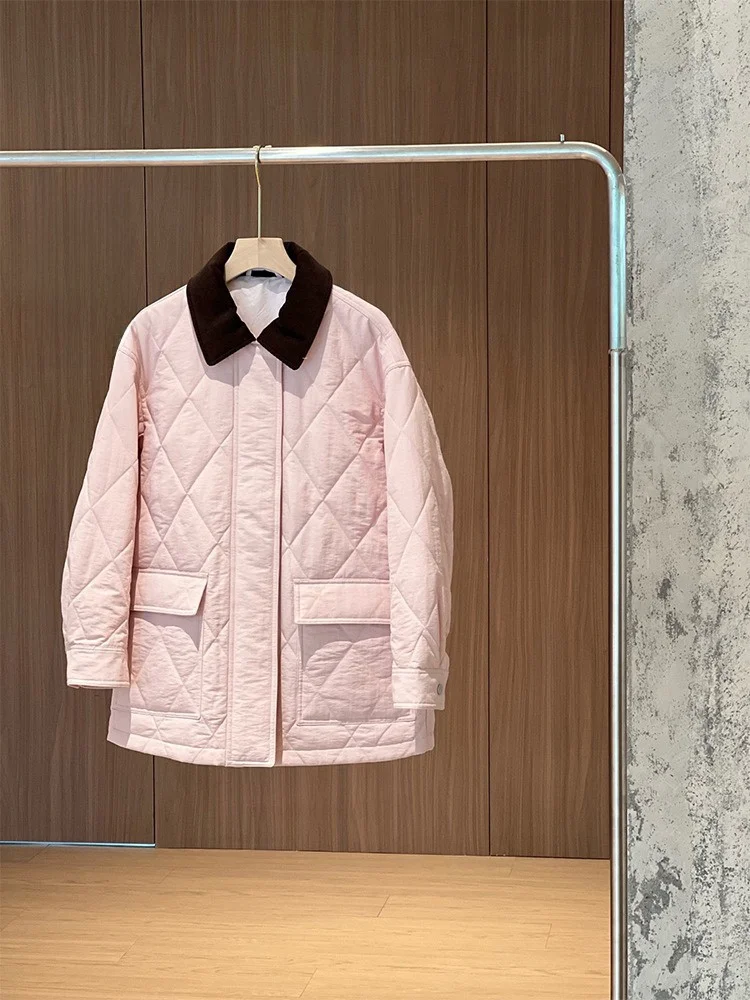 

Heidd Autumn Winter Corduroy Collar Quilted Cotton Jacket Medium Length Outerwear Barn Style Diamond Pattern Commute Loose Fit