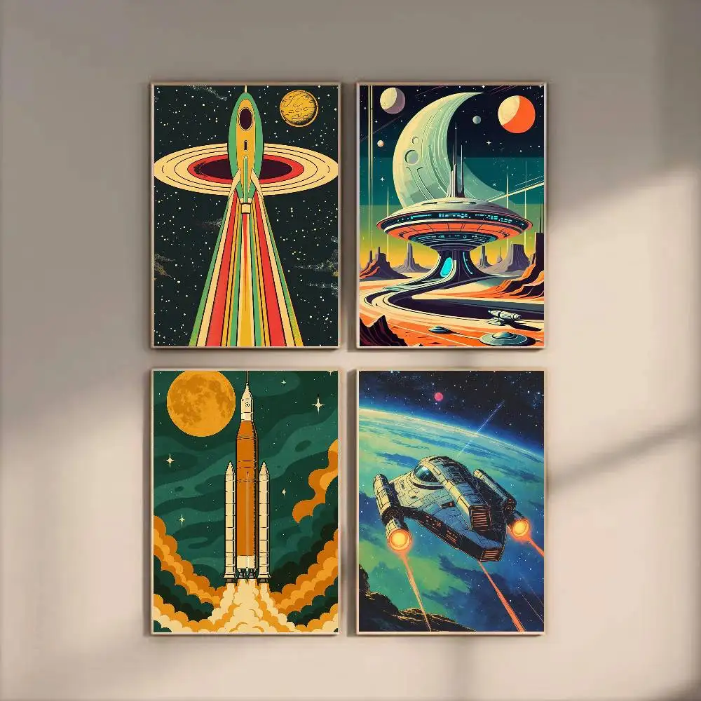 Retro Space Technology Spaceship Poster Art Sticky Wall Waterproof Home Living Room Bedroom Bar Aesthetic Decoration