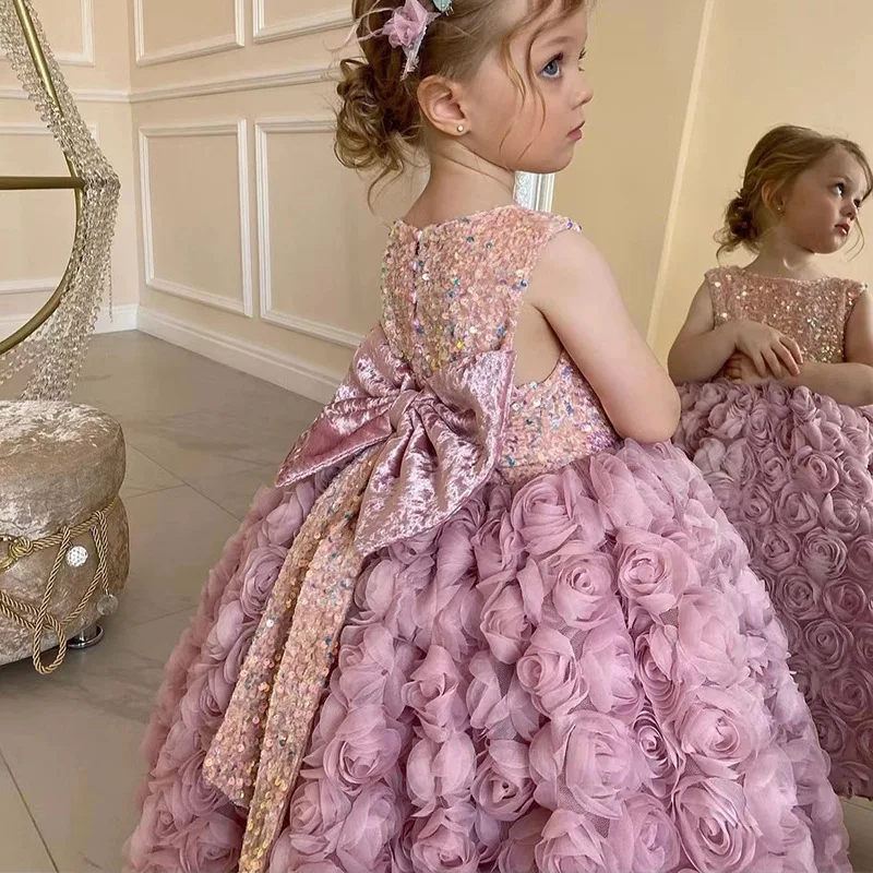 Girls Pink Sweet Princess Dress Baby Kids Big Bow Birthday Party Clothing Child Wedding Dress Teen Retro Dress 2023 New