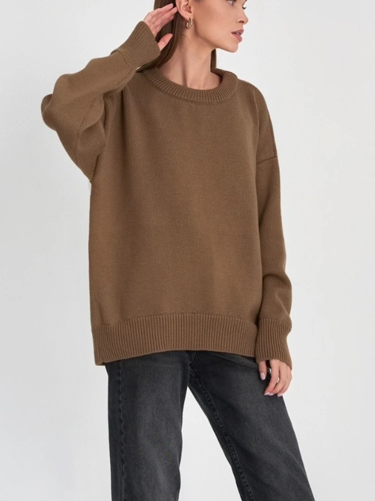 

New in Autumn Winter Women's O-Neck Oversized Sweater Thick Warm Loose Simple Solid Color Knitted Pullover Casual Jumper Top