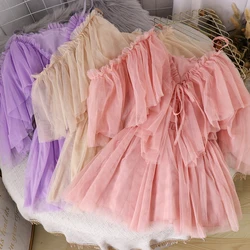 Fairy Net Yarn V-neck Strapless Lotus Swing Ruffles Shirts Lace Up Chiffon Blouses Mesh Pleated Gauze Off Shoulders Tops Blusas