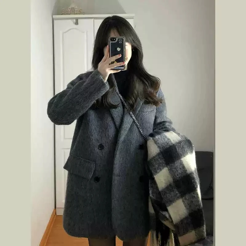 Female Office Lady Tops Female Jacket Temperament 2025 New Autumn Winter Women Woolen Suit Thick Coat Overcoat