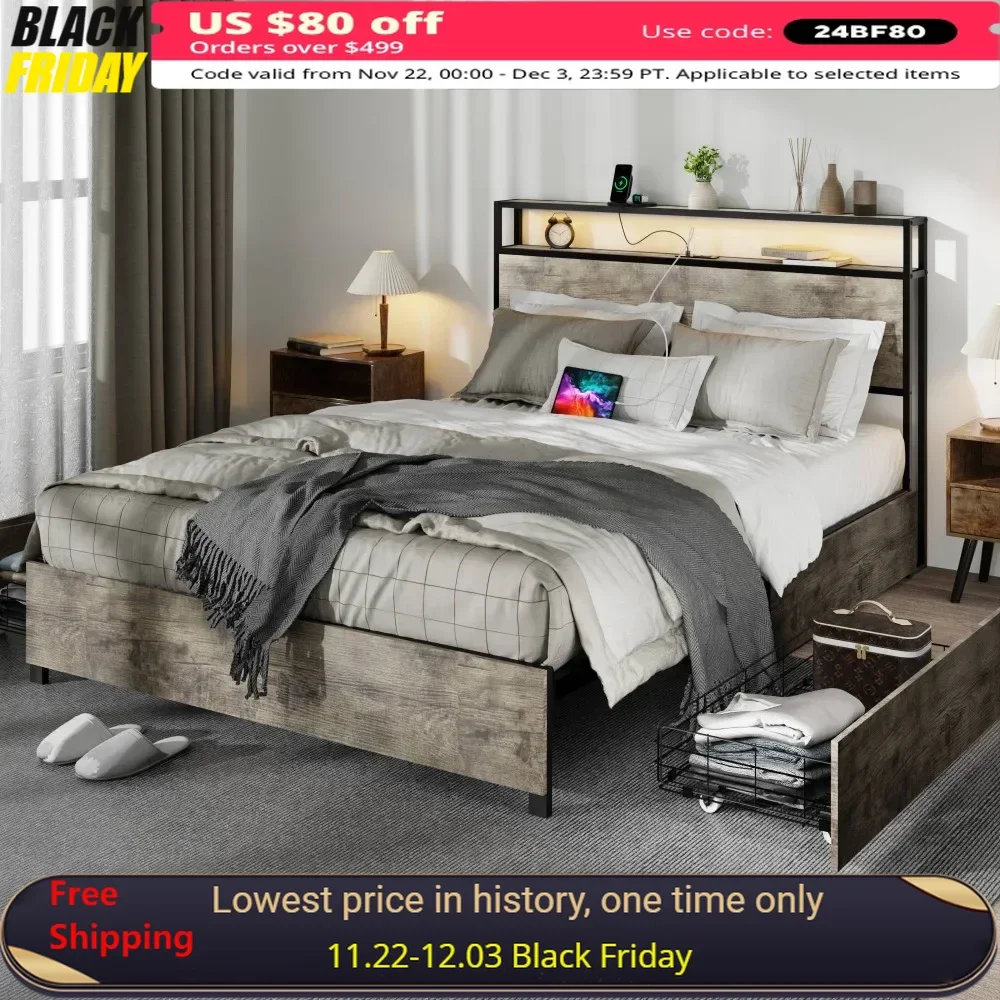 Queen Bed Frame with 2-Tier Storage Headboard，Metal Bed Frame with 4 Storage Drawers & LED，With Remote Control，Bed Frame