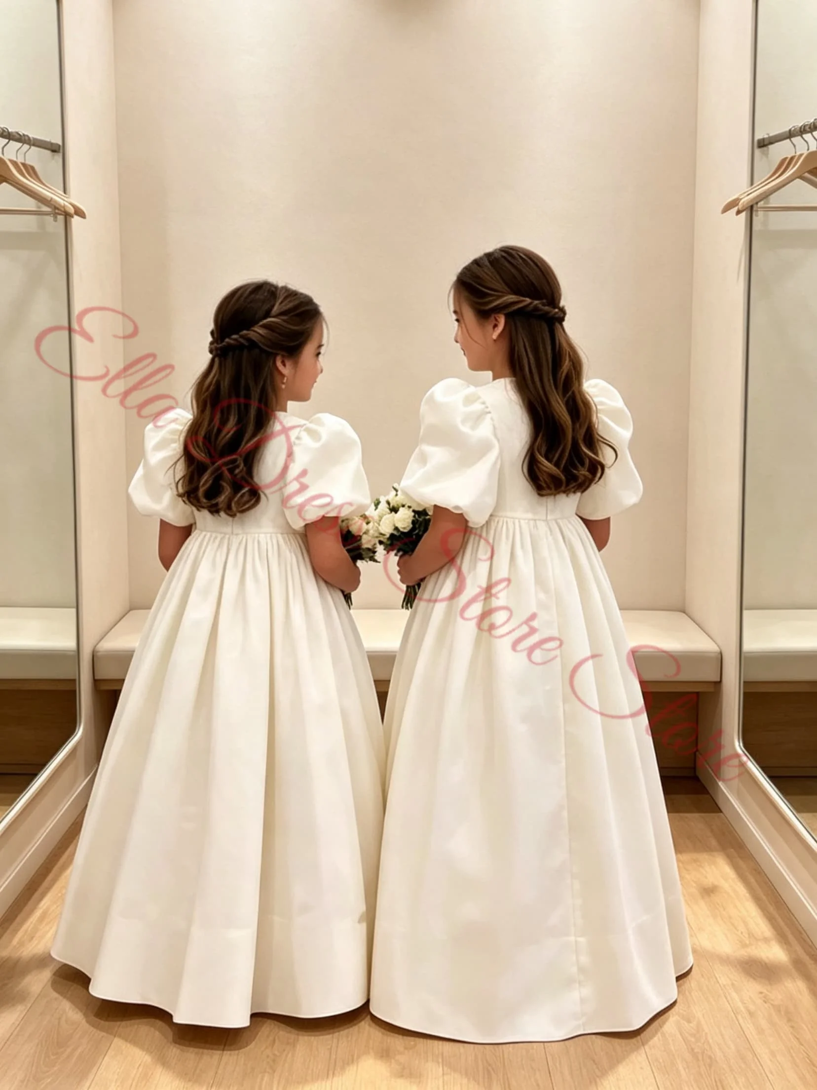 Elegantes Mädchenkleid Blumenmädchenkleider für Hochzeiten Satin Bodenlang Flauschiges Prinzessinnen-Abendkleid Ballkleid Maßgeschneidert Großhandel – Detail 2