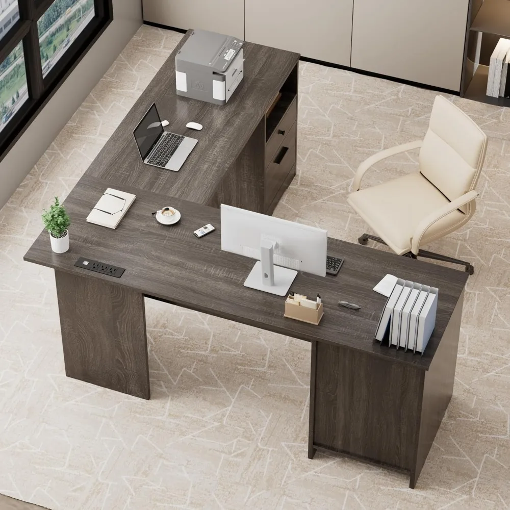 

L-образный стол с ящиком для файлов, 60-дюймовый угловой стол с ящиками для хранения и шкафом, большой стол для домашнего офиса с розетками,