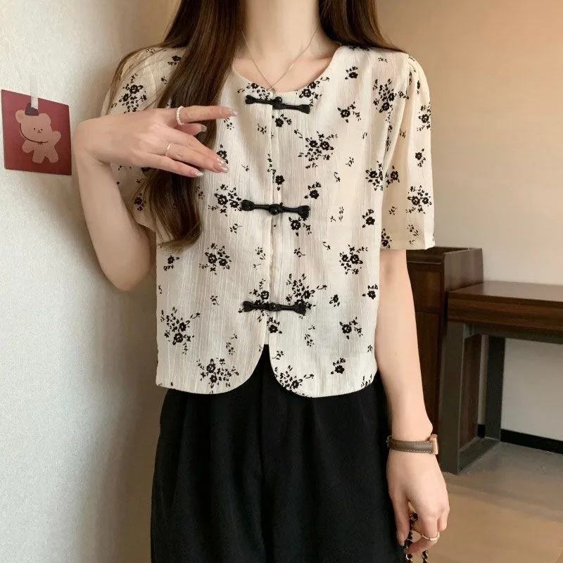 

Summer Shirts for Women O-neck New Chinese Style Frog Design Short Sleeve Thin Fashion Soft All-match Chic Young Girls Printing