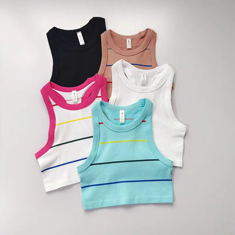 

Женский цветной полосатый спортивный топ без рукавов, облегающий эластичный укороченный топ, дышащий вязаный топ для йоги и бега
