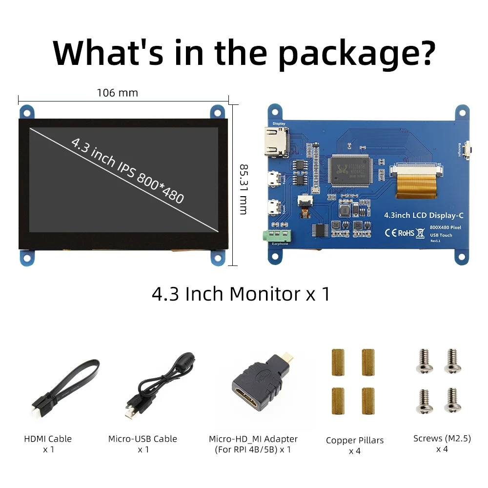 Pantalla LCD HDMI de 4,3 pulgadas, pantalla táctil capacitiva de 800 × 480 para Raspberry Pi 5 4B 3B 3B 2B B + B 3A + A + Zero W Zero