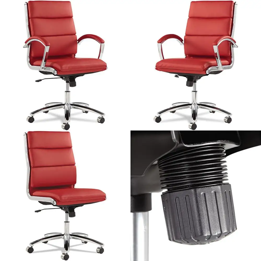 Red Leather Mid-Back Swivel Chair with Tilt Function and Chrome Base