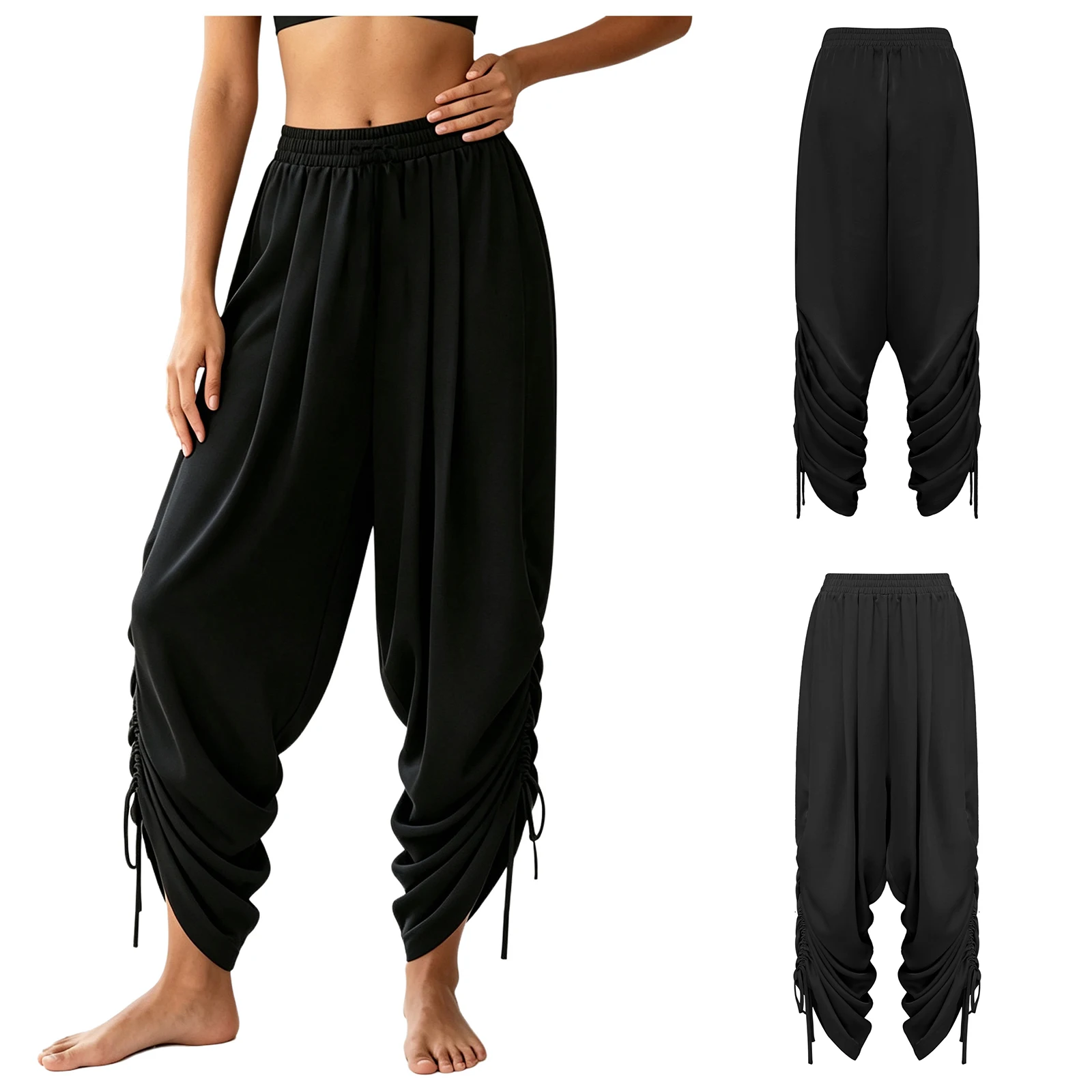 Women Elastic Waist Vintage Satiny Casual Baggy Harem Pants Dance Yoga Pilates Costume Draped Drawstring Legs Hippie Trousers