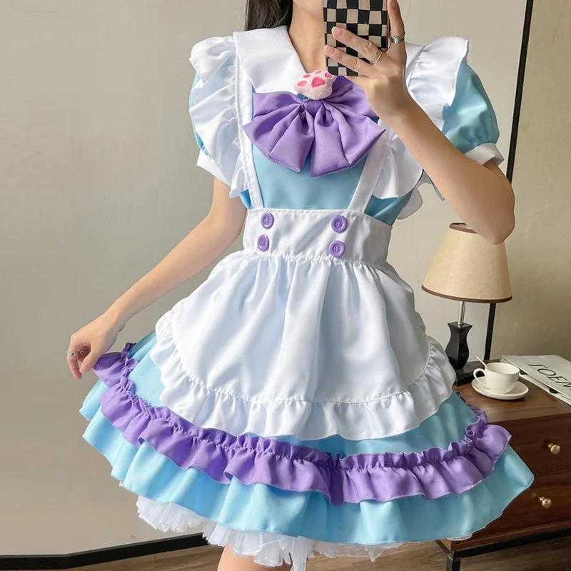 Women maid dress anime cosplay lolita dress costumes kawaii bow knot pink maid apron costume cat girls party Halloween dresses