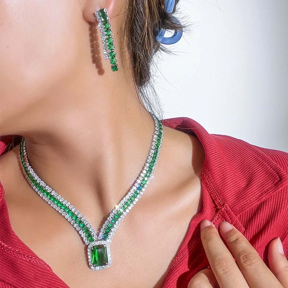 CWWZircons Luxury Green Cubic Zirconia Jewelry Set Rectangle Pendant Necklace Earrings for Brides Wedding Evening Party T0920