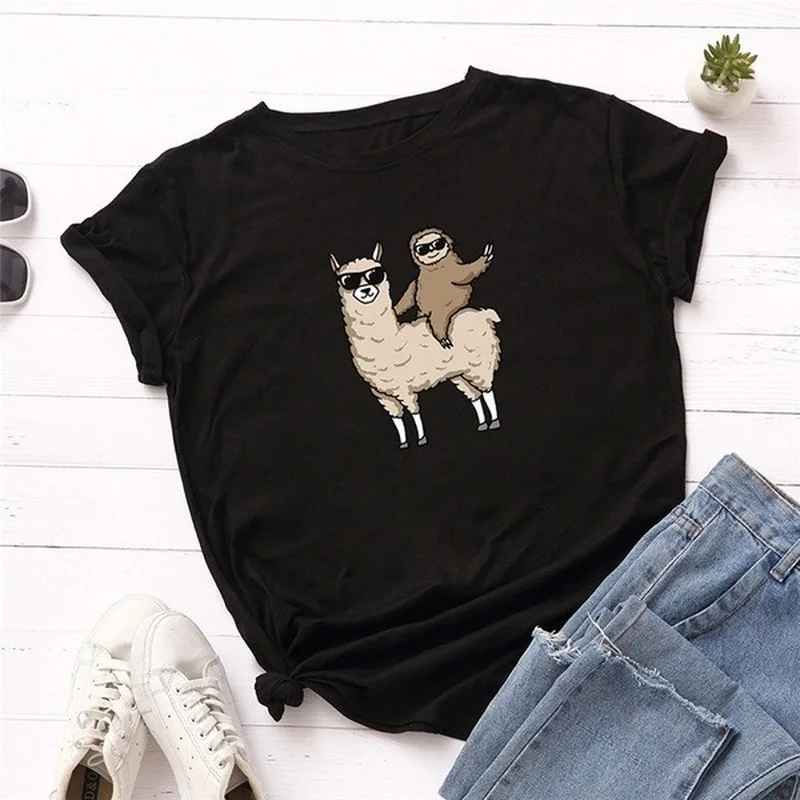 Funny Sloth Alpaca Print Women T Shirt Short Sleeve O Neck Loose Women Tshirt Ladies Fashion Tee Shirt Tops Clothes Mujer