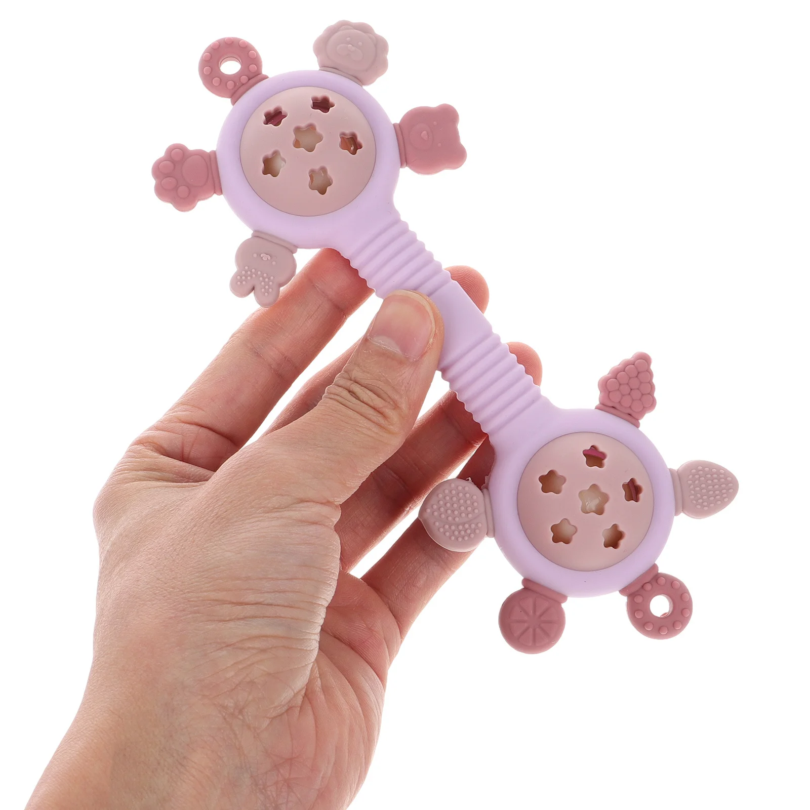 เครื่องเขย่าซิลิโคนสำหรับเด็กทารก ดีไซน์แบบสองหัว สีชมพู วัสดุนุ่ม เสียงอ่อนโยน ปลอบประโลม สำหรับเด็กผู้หญิง ทารก และเด็กวัยหัดเดิน เพื่อความสบายและปลอดภัย