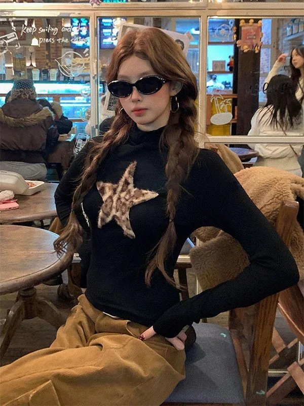 

Женская футболка больших размеров с длинным рукавом в американском ретро-стиле с леопардовым принтом и звездами, облегающая, для ношения под одеждой, осенне-зимний утягивающий топ