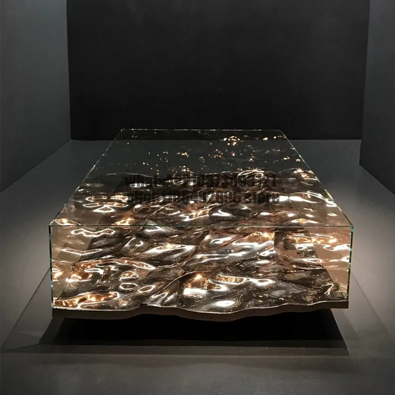 Wabi Sabi designer fiberglass coffee table modern creative water ripple transparent irregular glass coffee table