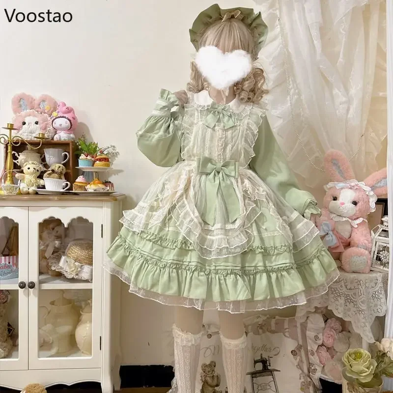 Vestido OP com laço de malha para mulheres, vestido doce princesa Lolita, vestidos verdes elegantes vintage, vestido vitoriano feminino de chá Kawaii, Harajuku