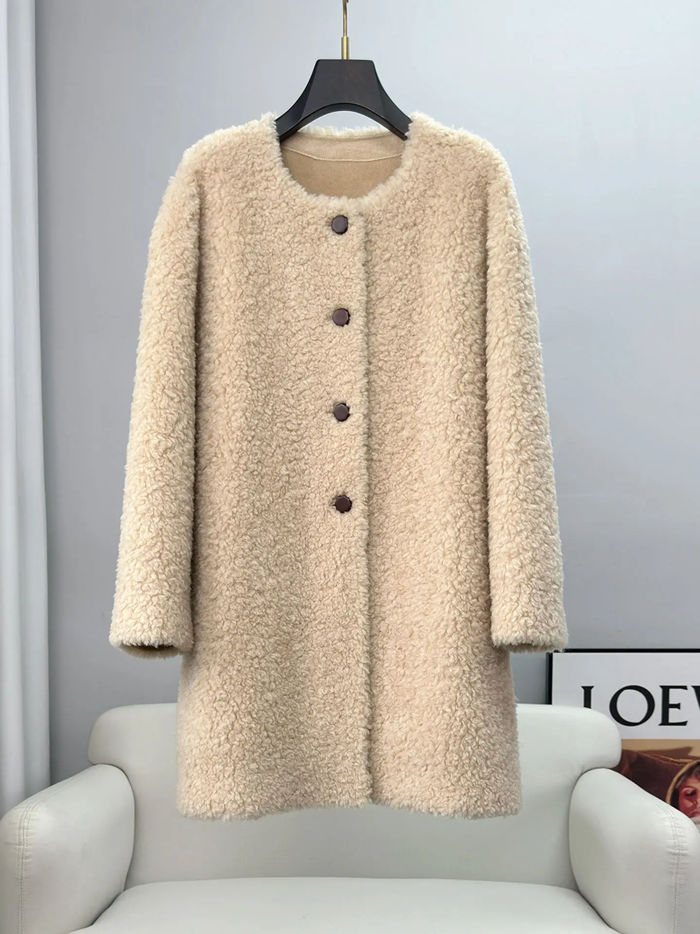 "Gift Bag" : 100% wool, sheared fleece and fur integrated fur coat for women, mid-length lambskin coat