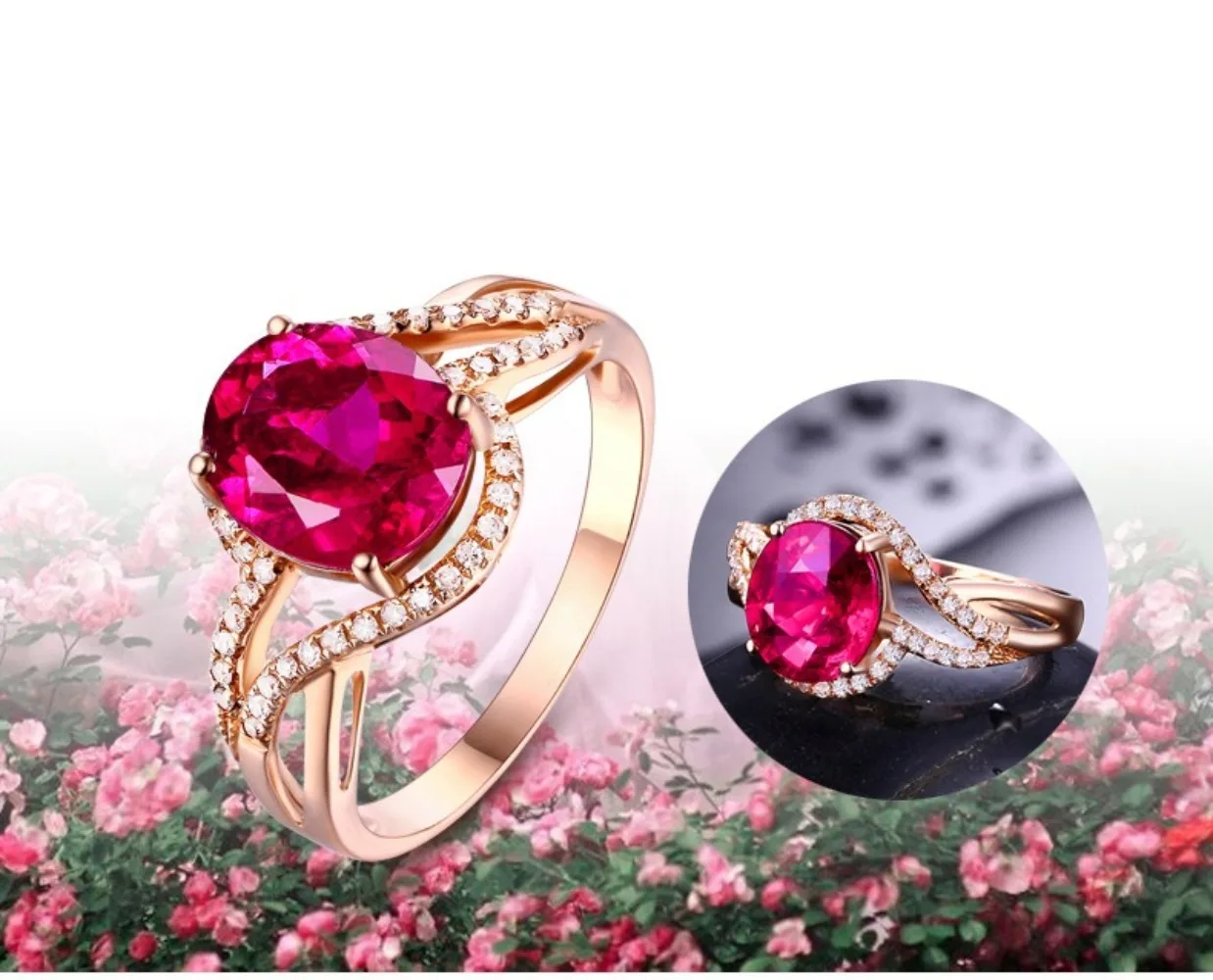 925 sterling silver open-ended ring with red tourmaline, rose gold set with diamonds and precious stones, female style
