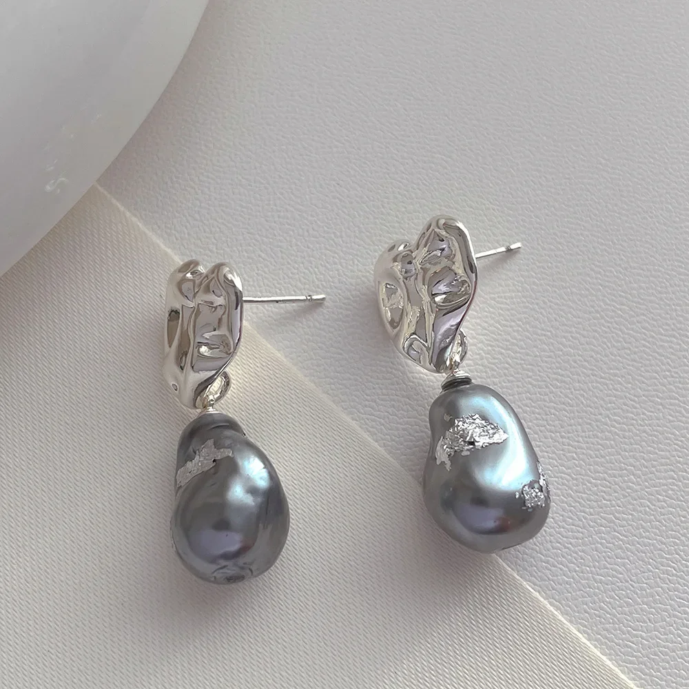 Minar Unusual White Grey Color Irregular Baroque Pearl Drop Earrings Real Gold Silver Plated Brass Heart Earring For Women