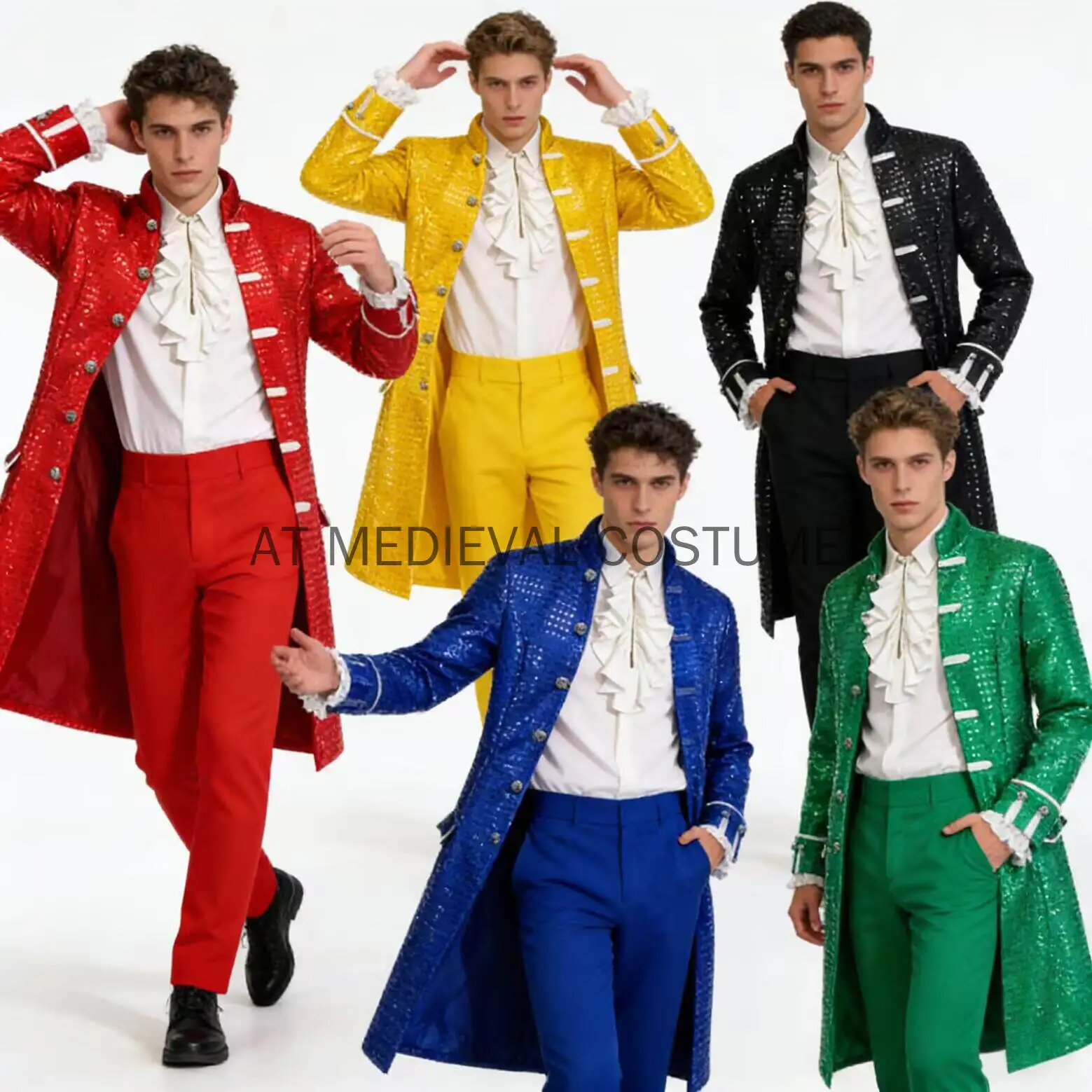 

Men's Medieval Gliter Jacket Halloween sequined long coat Victorian Prince Costume stage performance party dress Ren Faire Top