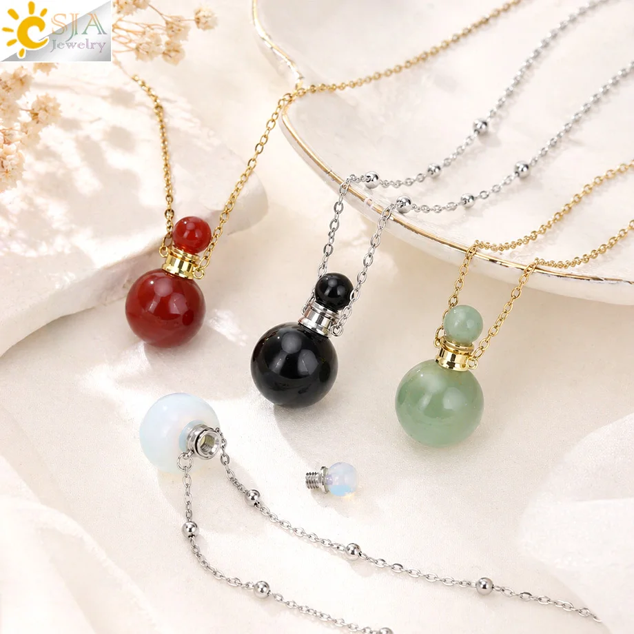 CSJA Natural Stone Perfume Necklace Round Crystal Pendant Reiki Essential Oil Diffuser Bottle Charm Necklaces Men Women H890