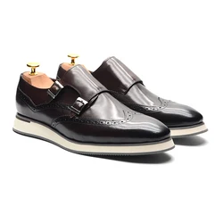European Luxury Mens Sneakers Genuine Leather Monk Strap Double Buckles Wingtip Oxfords Brogue Casual Business Dress Shoes Man