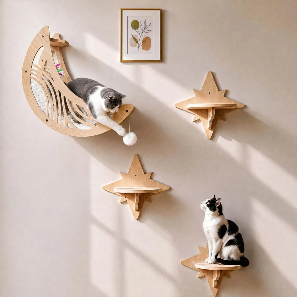 Mond & Stern Katzen-Wandregale: Moderner Holz-Katzenbaum mit Bett, Hängematte und Klettermöglichkeiten für Hauskatzen – Zubehör – Detail 4