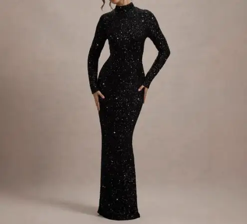 

Women's Dress 2025 Latest Style Elegant Sexy Y2K Hot Girl New Women Clothing High-End Fashion Long Sleeved Sequined Black Dress
