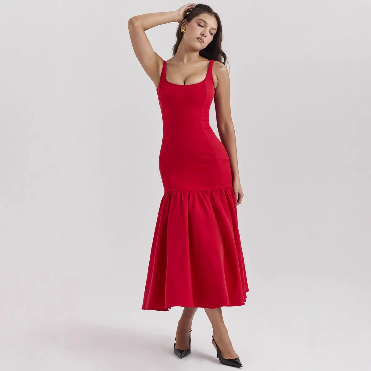 ชุดเดรสผู้หญิง ผ้าแจ็คการ์ด ผ้าซาตินประดับทอง จับจีบเข้ารูป แขนกุด สำหรับงานเลี้ยง สไตล์จีนใหม่ เรียบหรู เบาสบาย เซ็กซี่