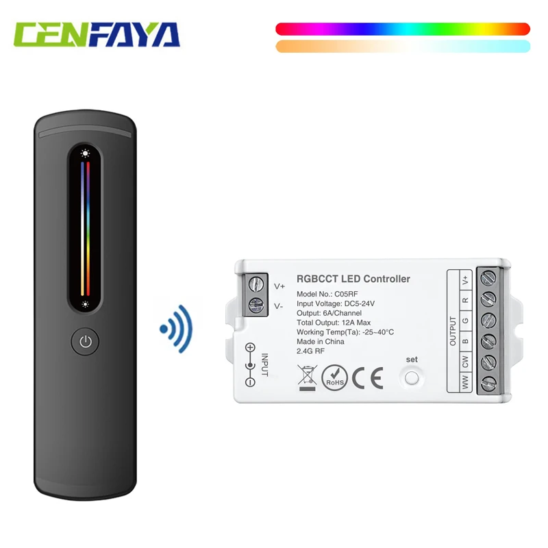 CENFAYA RGBCCT LED Dimmer Controller DC5V-24V Wall-Mounted RF Wireless Remote Control No Flicker Dimming for RGB+CCT LED Strip
