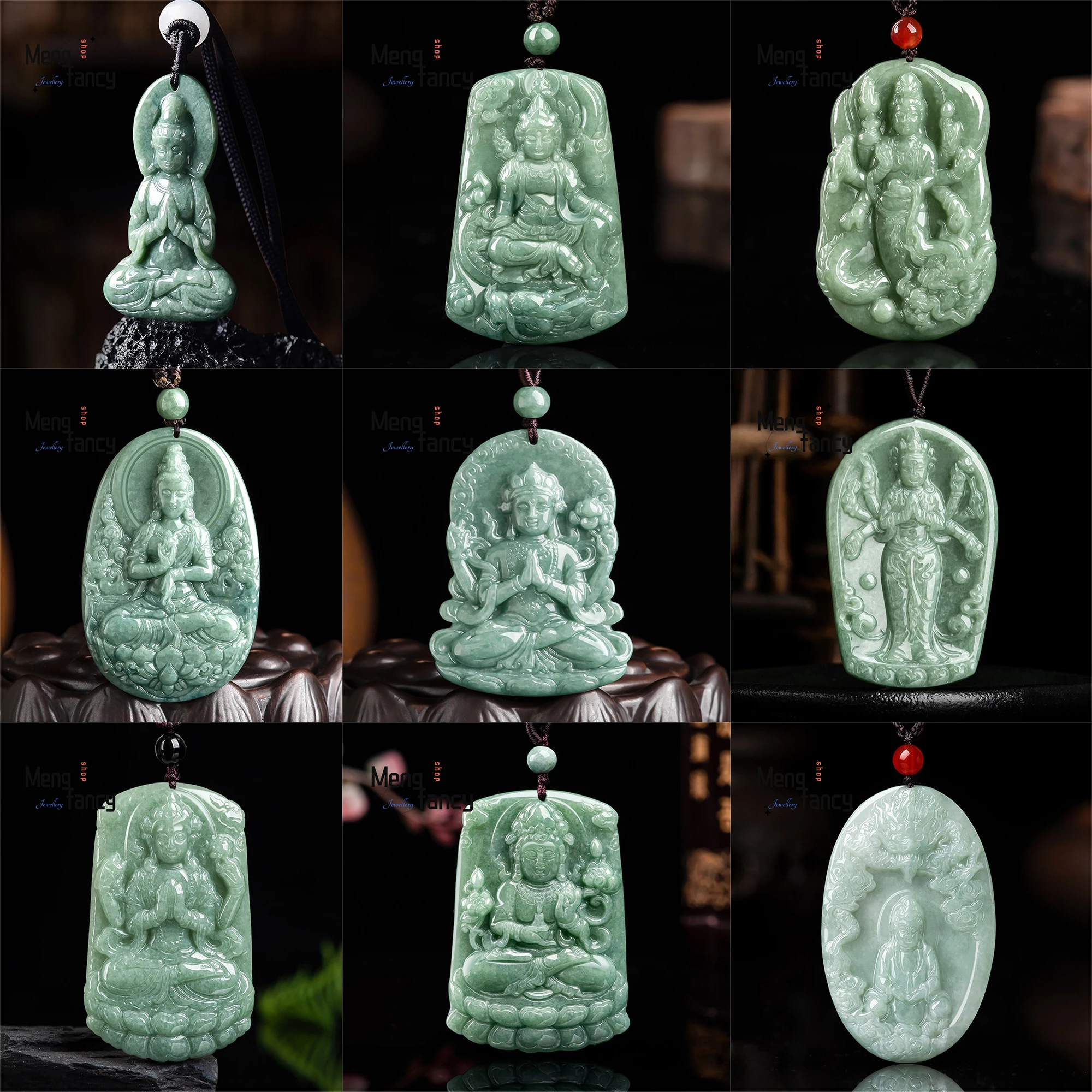 Natural A-grade Jadeite Pea Green Guanyin Bodhisattva Jade Pendant High-grade Couple Fashion Jewelry Popular Luxury Holiday Gift