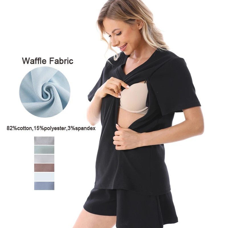 Waffle Fabric V-Neck Maternity Nursing Top, Plus Size S-4XL Summer Casual Short Sleeve Breastfeeding Tee for Pregnant Women