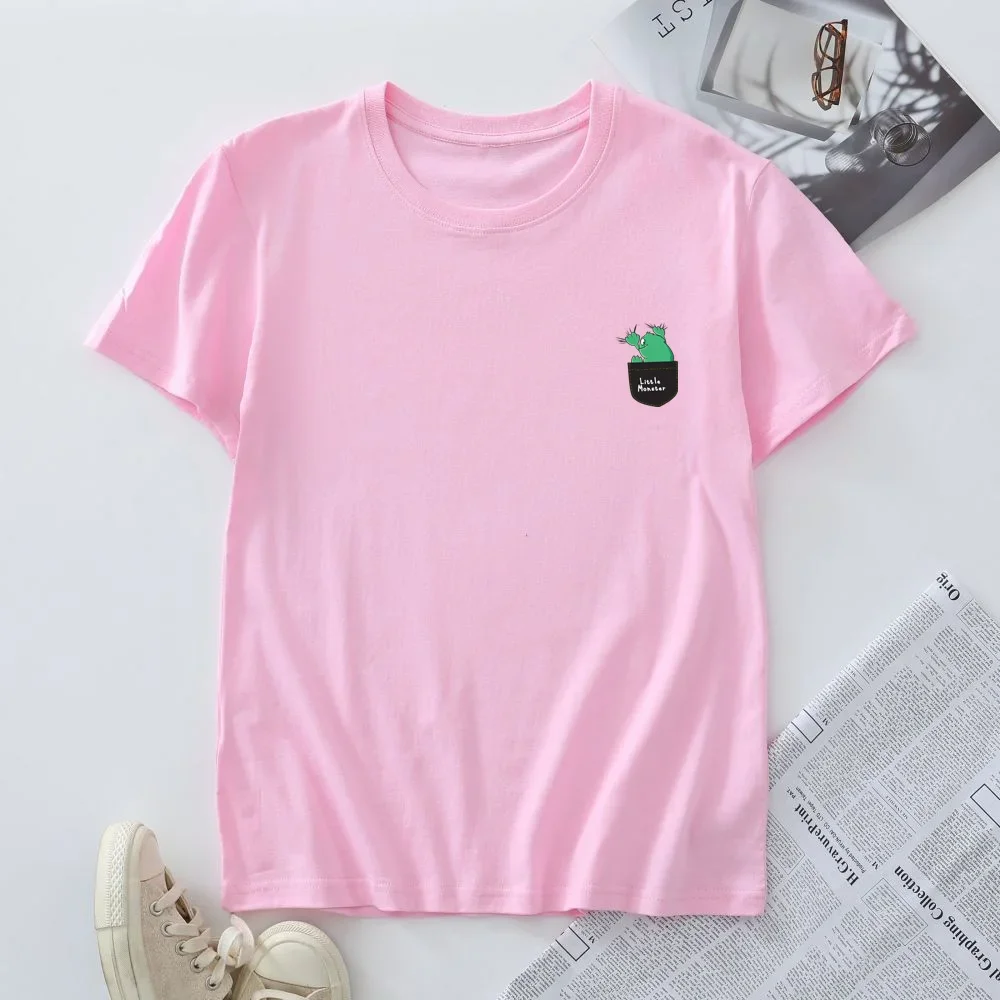 Vrouwen T-Shirt Korte Mouw T-Shirt Zomer Katoenen T-Shirt Vrouwen Kleding Dames Top Mode Kleine Monster Pocket Grafische T-Shirts